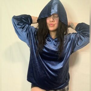 PrettyGarden Navy Velvet Hooded Pullover